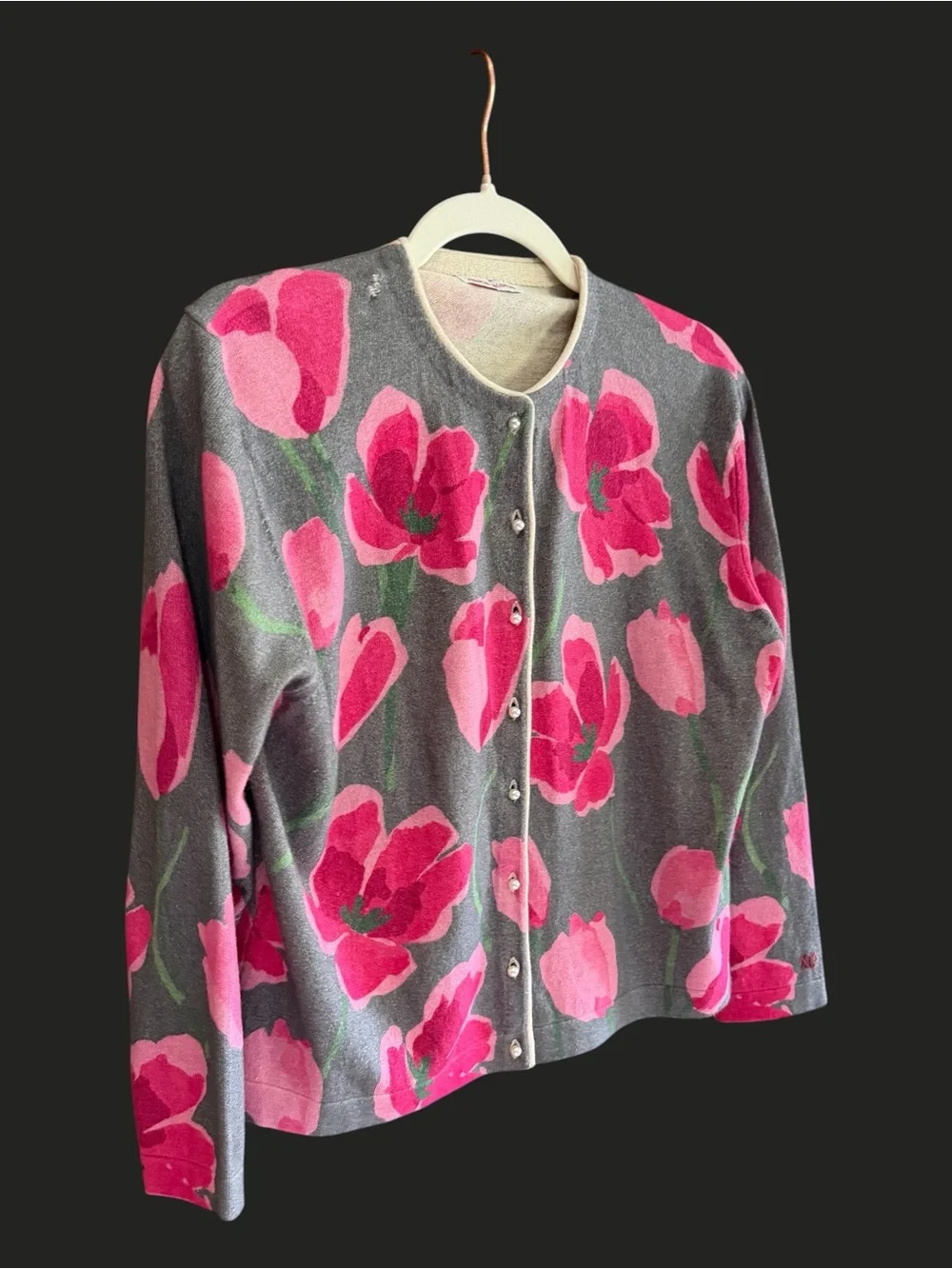FRANCES VALENTINE Darling Cardigan Dutch Tulip Gray Pink Floral Sweater S - Picture 2 of 14